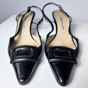 MANOLO BLALHNIK Black Maysli Buckle Slingback Pointed Toe Pumps 7US